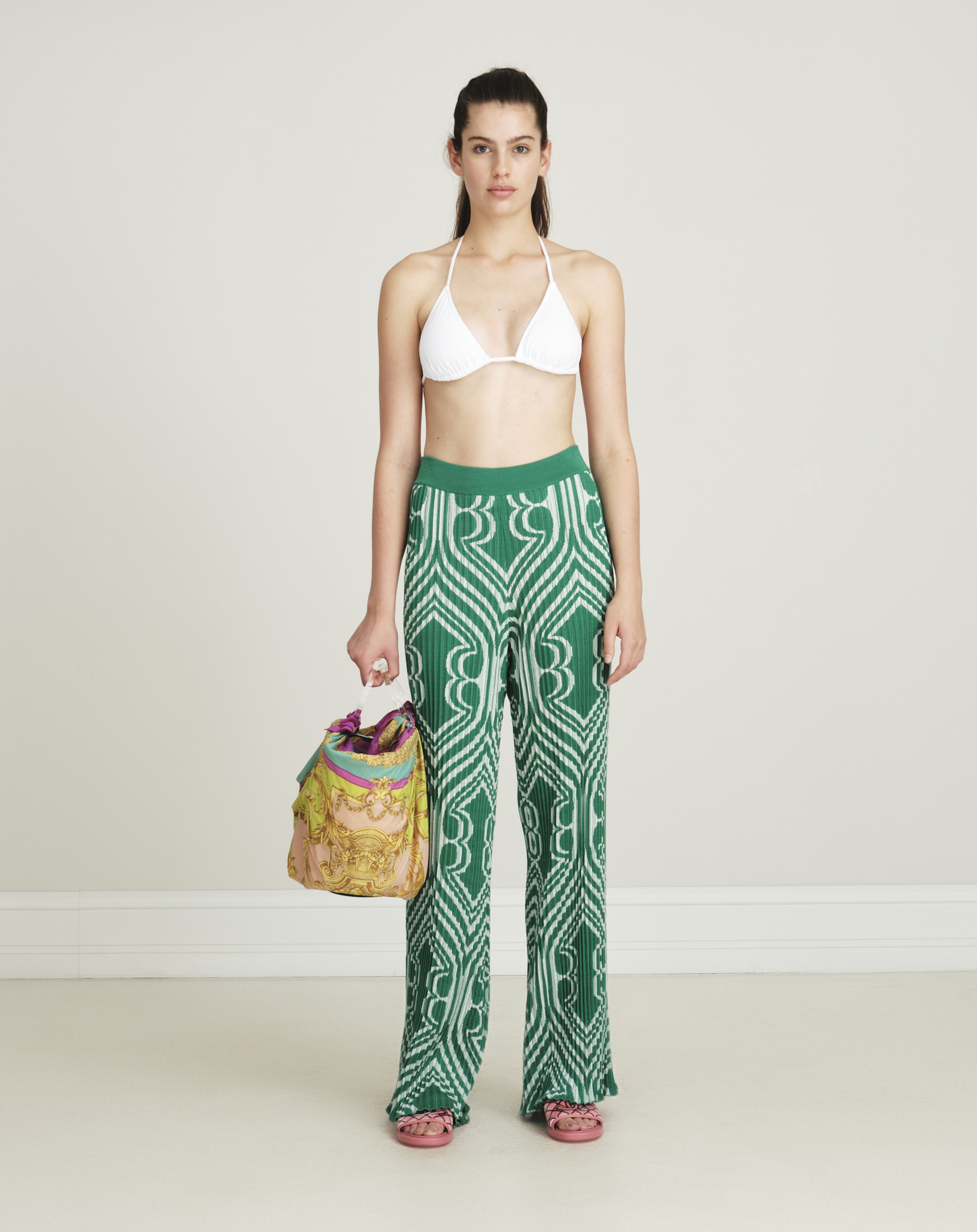 Etro -Green Geometric Pattern Jacquard Plisse w Palazzo Pants  IT42